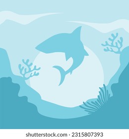 Underwater life background illustration with cute diver character