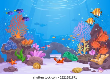 Fondo de vida subacuática. С arrecife oral en un océano con sus habitantes. Acuario con peces de colores. Cangrejo, pez estrella, mariscos y algas en el fondo marino. Ilustración vectorial de estilo de dibujos animados.