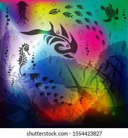 Underwater life with black fish, seahorse, turtle, jellyfish and fish on colorful backround. Vector illustration.