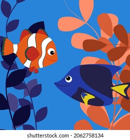 Underwater life - blue and red fish with seaweed and plants on a blue sea background