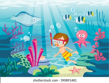 underwater life with boy diving, cute octopus, fish, skate and coral reef