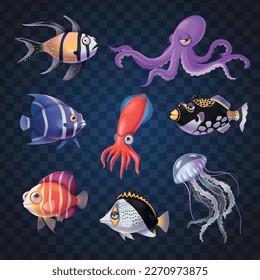 Underwater life cartoon icons set with fish jellyfish and octopus on transparent background isolated vector illustration