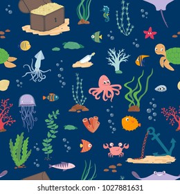 Underwater life. Cartoon seamless pattern on a dark background