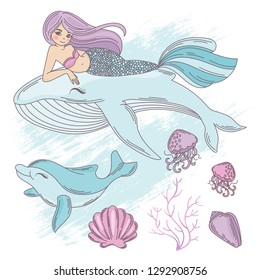 UNDERWATER LIFE Cartoon Travel Tropical Vector Illustration Set for Print, Fabric and Decoration.