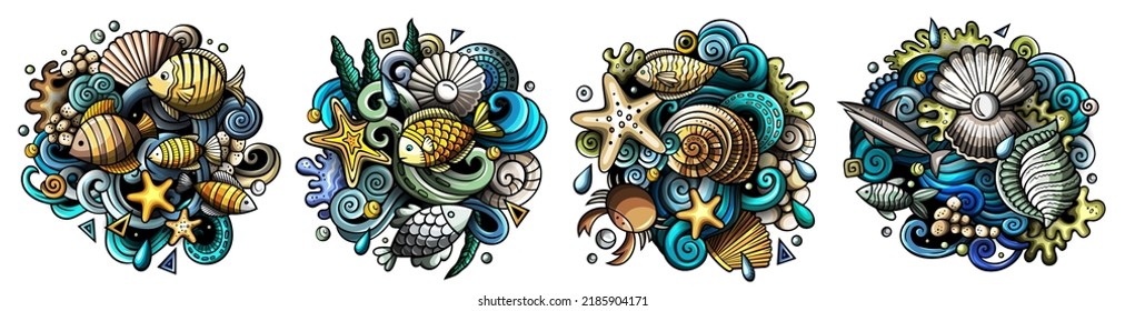 Underwater life cartoon vector doodle designs set. Colorful detailed compositions with lot of sealife objects and symbols. Isolated on white illustrations