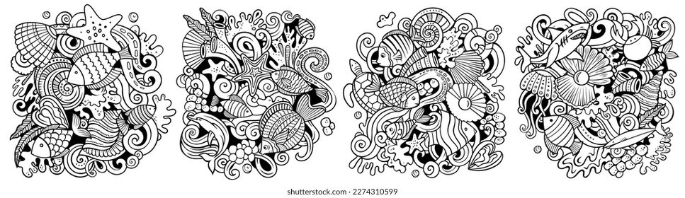 Underwater life cartoon vector doodle designs set. Sketchy detailed compositions with lot of sealife objects and symbols