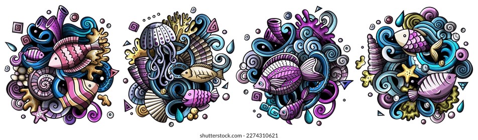 Underwater life cartoon vector doodle designs set. Colorful detailed compositions with lot of sealife objects and symbols. Isolated on white illustrations