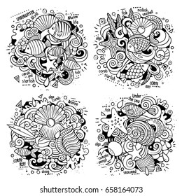 Underwater life cartoon vector doodle illustration. Line art detailed designs with lot of objects and symbols. 4 composition set. All elements separate