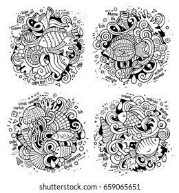 Underwater life cartoon vector doodle illustration. Line art detailed designs with lot of objects and symbols. 4 composition set. All elements separate