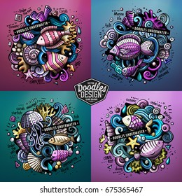 Underwater life cartoon vector doodle illustration. Colorful detailed designs with lot of objects and symbols. 4 composition set. All elements separate