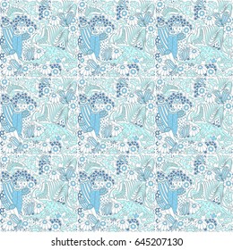 Underwater life cartoon vector hand drawn abstract seamless pattern