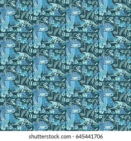 Underwater life cartoon vector hand drawn abstract seamless pattern