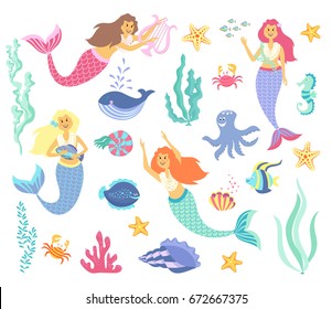 Underwater life collection.Cute fish girls vector characters. Swimming pretty princess mermaids. Fish woman character, illustration creature mermaids ,sea animals and seaweed on a white background