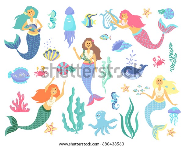 Underwater Life Collectioncute Fish Girls Vector Stock Vector (Royalty ...