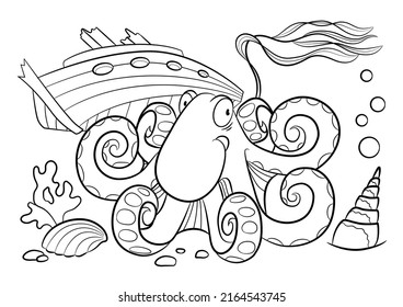 Underwater life coloring book. Octopus color page. Sea animals outline