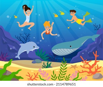 Underwater life concept. Children explore world, fantasy and imagination. Fabulous drawings. Design of greeting and invitation cards. Underwater world, nature. Cartoon flat vector illustration