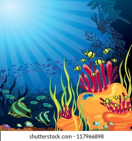 Underwater life - coral reef with fish on a blue sea background