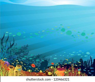 Underwater life - Coral reef with fish on a blue sea background