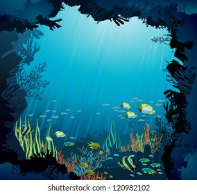 Underwater life - Coral reef with fish on a blue sea background