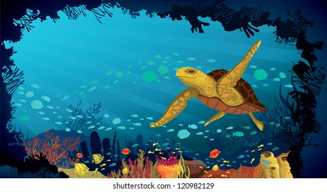 Underwater life - Coral reef with fish and big turtle on a blue sea background