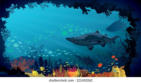 Underwater life - Coral reef with fish and big sharks on a blue sea background