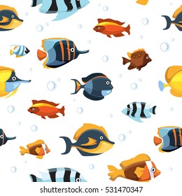 Underwater life with cute cartoon fishes vector seamless pattern. Fish tropical in aquarium, fish swimming in water illustration