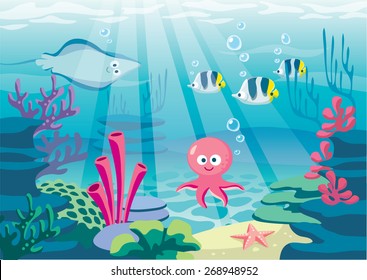 underwater life with cute octopus, fish, skate and coral reef