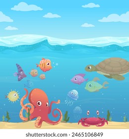 Underwater life exotic fishes octopus and underwater turtles ocean or sea life