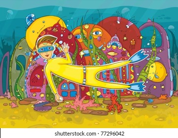 Underwater life. The fantastic underwater world with sea inhabitants and the diver diving to get pearls