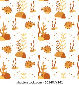 Underwater life, fish and algae. Hand drawn color vector seamless pattern. Shades of orange on a white background. Cartoon illustration of a flat. Decorative textiles, Wallpaper, wrapping paper design