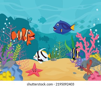 Underwater life of fish cartoon