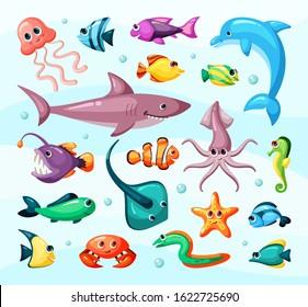 Underwater life, fish colorful flat vector illustration