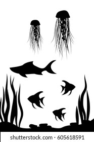Underwater life. Fish and jellyfish floating near the seaweed vector silhouette