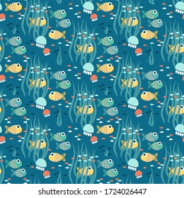 Underwater life, fish and jellyfish. Seamless vector, easy to change color. This pattern is suitable for fabrics, t-shirts, gift wrapping, postcards and other printing surfaces.