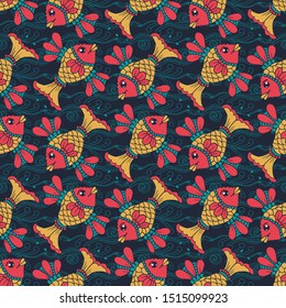 Underwater life with fish seamless pattern on dark blue background, vector
