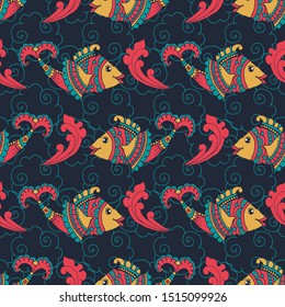 Underwater life with fish seamless pattern on dark blue background, vector