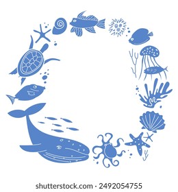 Underwater life frame. Cartoon illustration of whale, turtle, star fish, conch and corals. Decorative border for menu, greeting card