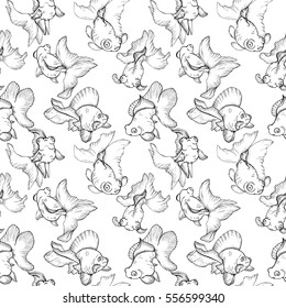 underwater life, goldfish, seamless pattern, black and white vector illustration