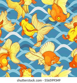 underwater life, goldfish, seamless pattern, vector illustration