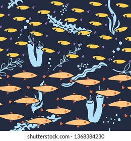 Underwater life hand drawn seamless pattern. Marine fish and plants vector. Seaweeds and fish in flat style.  