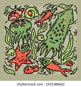 Underwater life hand drawn vector illustration concept with water creatures made in doodle style.  Fish, octopus, squid, starfish, shell, scallop, seaweed.