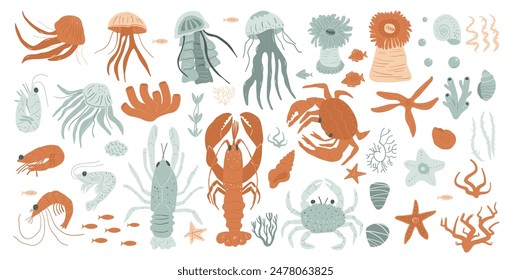 Vida submarina aislada sobre fondo blanco. Colección de medusas, anémonas de mar, peces, langostas, cangrejos, camarones, estrellas de mar, conchas de mar, corales y algas marinas. Conjunto de Vector dibujado a mano ilustración.