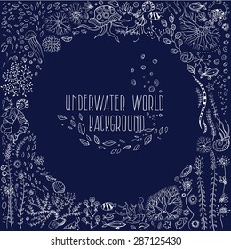 underwater life with jellyfish, fish, seaweed, vector
