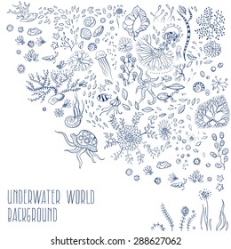 underwater life with jellyfish, fish, seaweed, vector