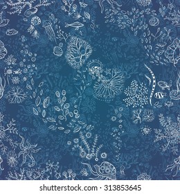 underwater life with jellyfish, fish, seaweed, vector