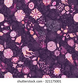 underwater life with jellyfish, fish, seaweed, vector