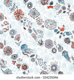 underwater life with jellyfish, fish, seaweed, vector