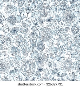 underwater life with jellyfish, fish, seaweed, vector