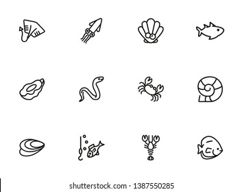 Underwater Life Line Icon Set. Fish, Crab, Eel. Nature Concept. Can Be Used For Topics Like Fishing, Seafood, Marine Biology