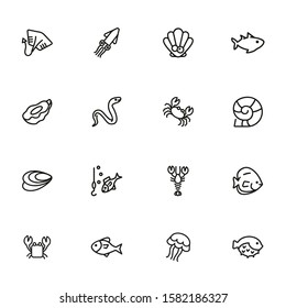 Underwater life line icon set. Fish, crab, eel. Nature concept. Can be used for topics like fishing, seafood, marine biology